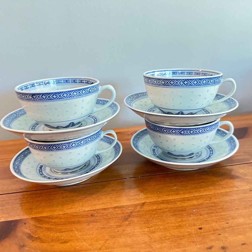 Vtg Jingdezhen Blue & White Rice Grain Porcelain Tea Cups Saucers - Dragon Motif